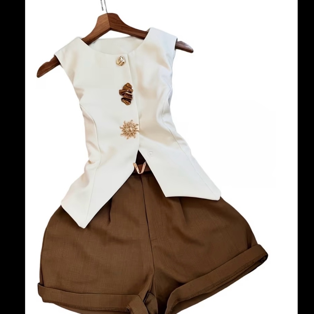 Chic Cream Top with Brown High-Waist Shorts 2pcs set